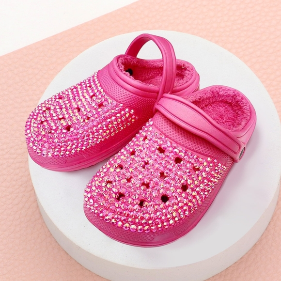 Pink Bling Rhinestone Crystal Fur Slip On Croclike Slides Rubber Clogs Sandals - Picture 1 of 3